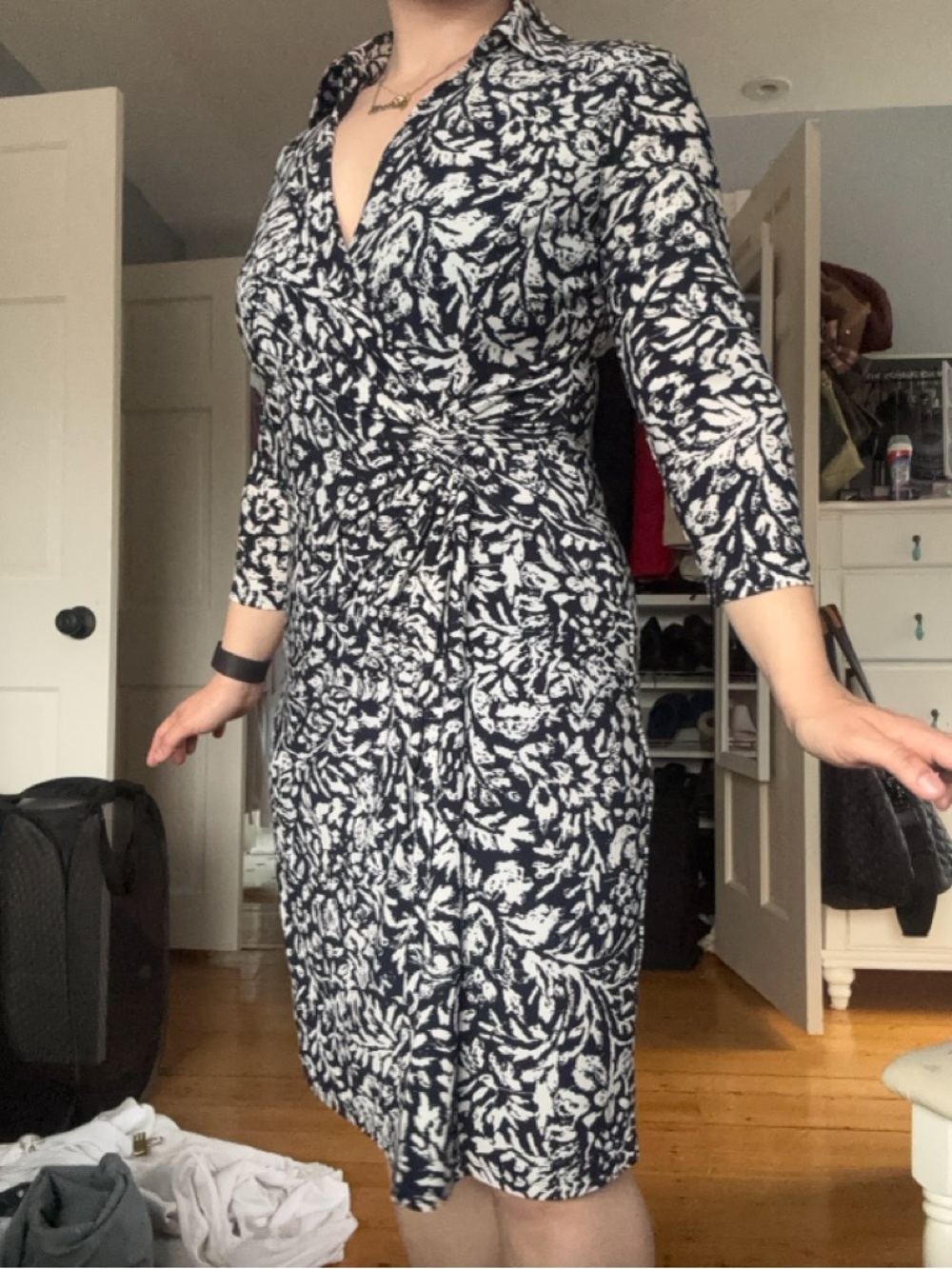 Lauren Ralph Lauren Navy and White Printed Wrap-Style Midi Dress